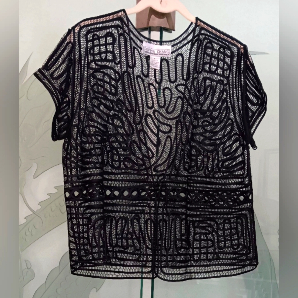 Sophie Chang 100% Silk Black Sheer Cut Out Blouse